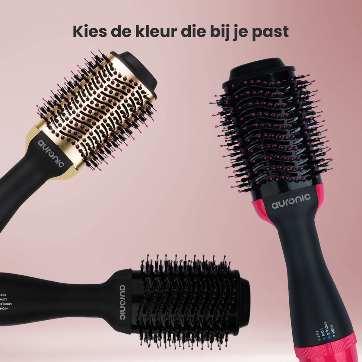 Trois brosses séchoirs, or, noir et rose, avec du texte en néerlandais.