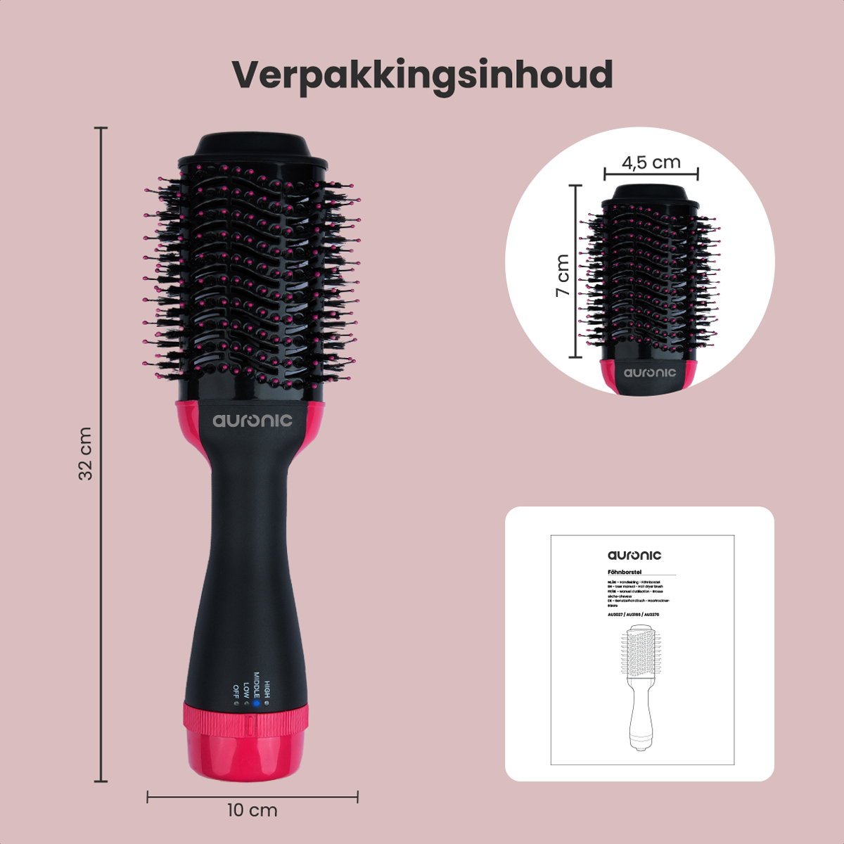Sèche-cheveux avec mesures. Il est noir et rouge, avec un schéma et des dimensions sur le côté.