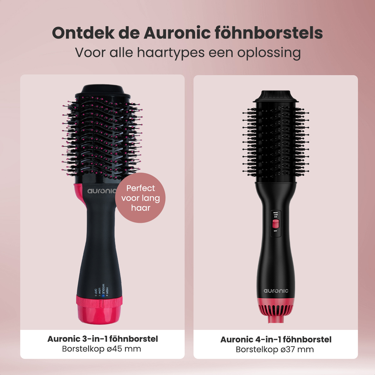 Deux stylers capillaires Auronic avec des accents rouges, noirs et roses, avec texte et descriptions.