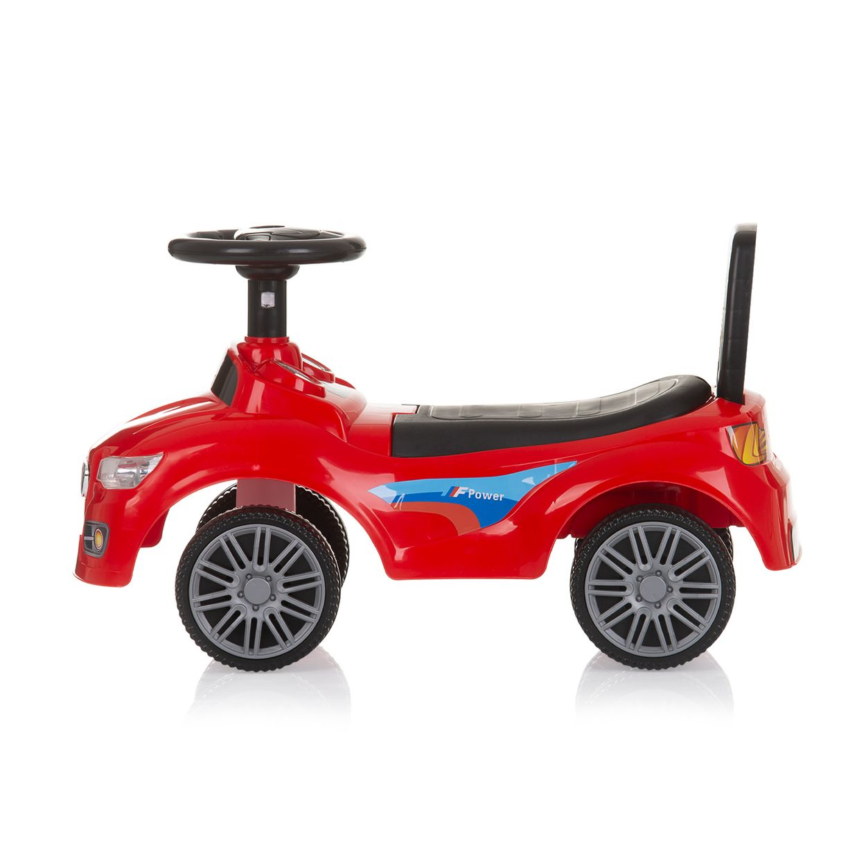 Coche de juguete rojo para montar; asiento negro, volante y manija; ruedas grises.