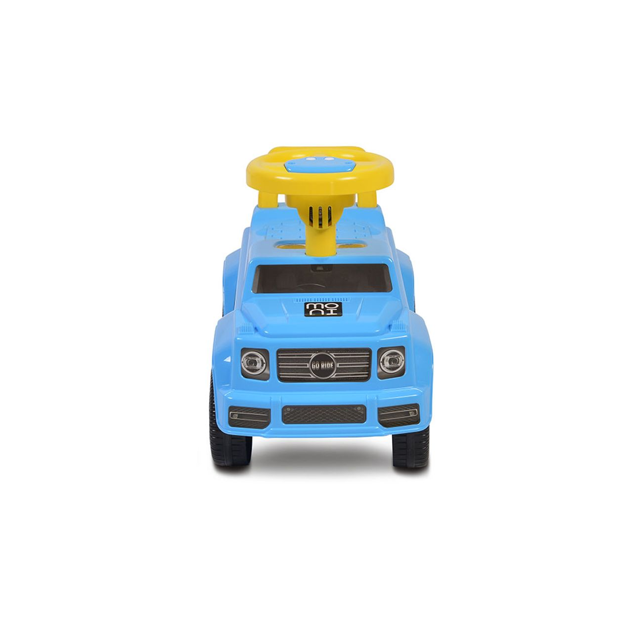 Blaues Spielzeugauto mit gelbem Lenkrad. Vorderansicht auf weißem Hintergrund. Es hat Scheinwerfer und einen Grill.