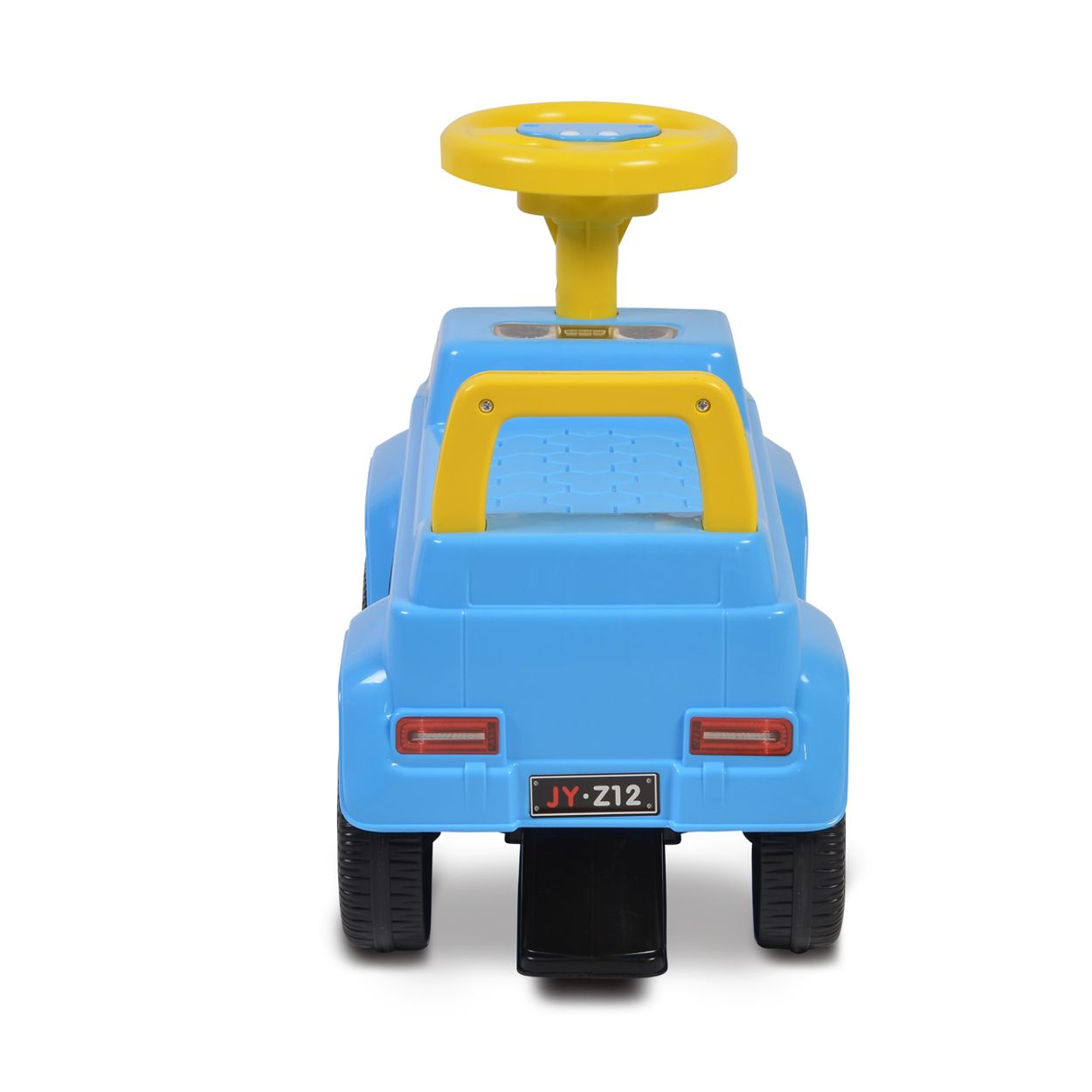 Rückansicht eines blauen Spielzeugautos mit gelbem Lenkrad.
