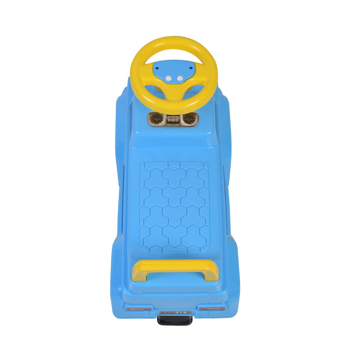 Blaues Spielzeugauto mit gelbem Lenkrad. Für Kleinkinder. Weißer Hintergrund.
