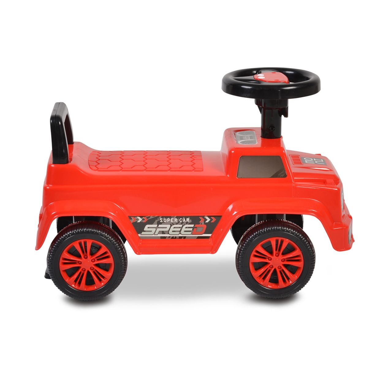 Ein rotes Spielzeugauto mit schwarzen Rädern und einem schwarzen Lenkrad.