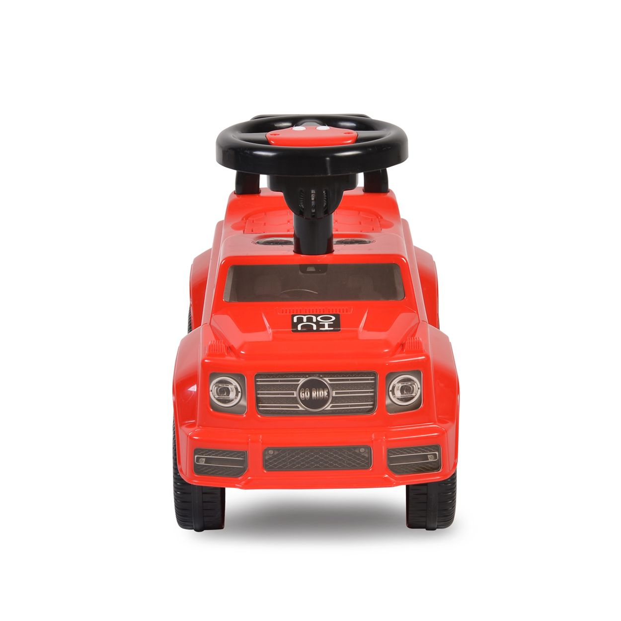 Rotes Spielzeugauto mit schwarzem Lenkrad auf weißem Hintergrund.