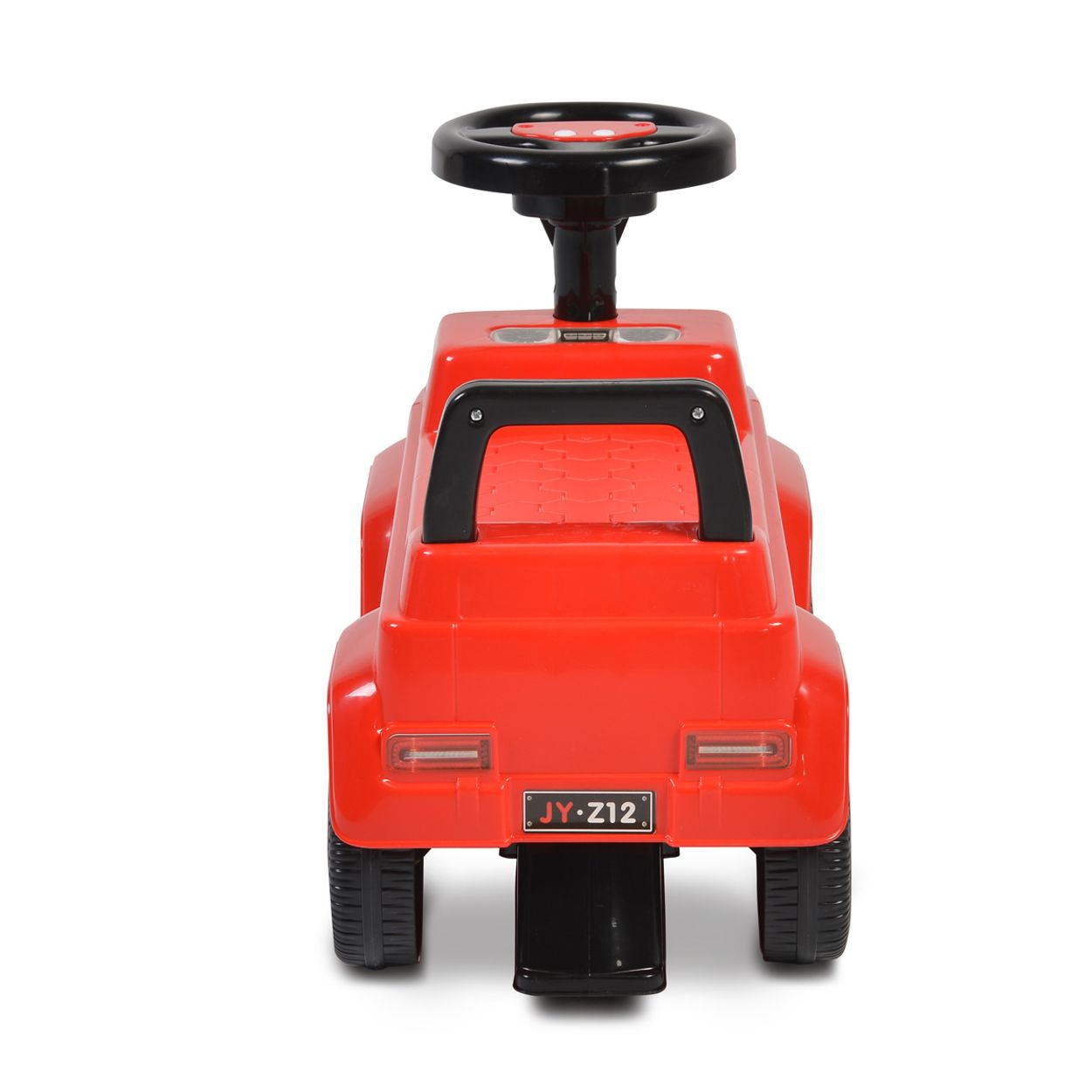 Rotes Spielzeugauto von hinten mit schwarzem Griff und schwarzem Lenkrad.