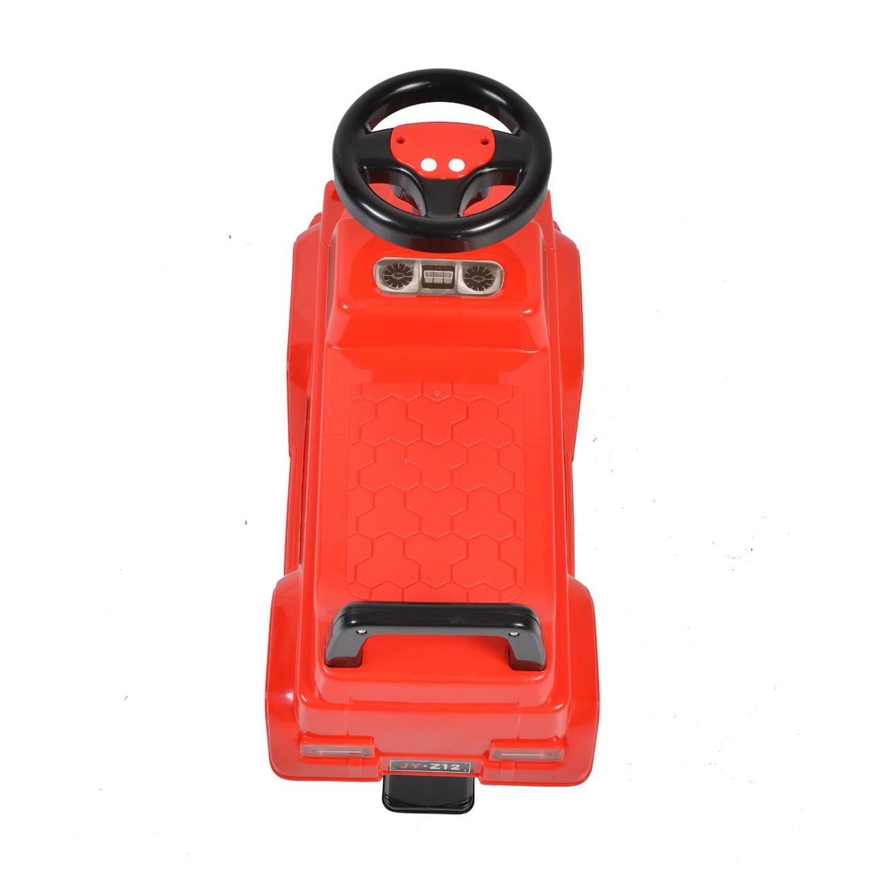Rotes Kinderspielzeugauto von oben gesehen, mit schwarzem Lenkrad und Griff.