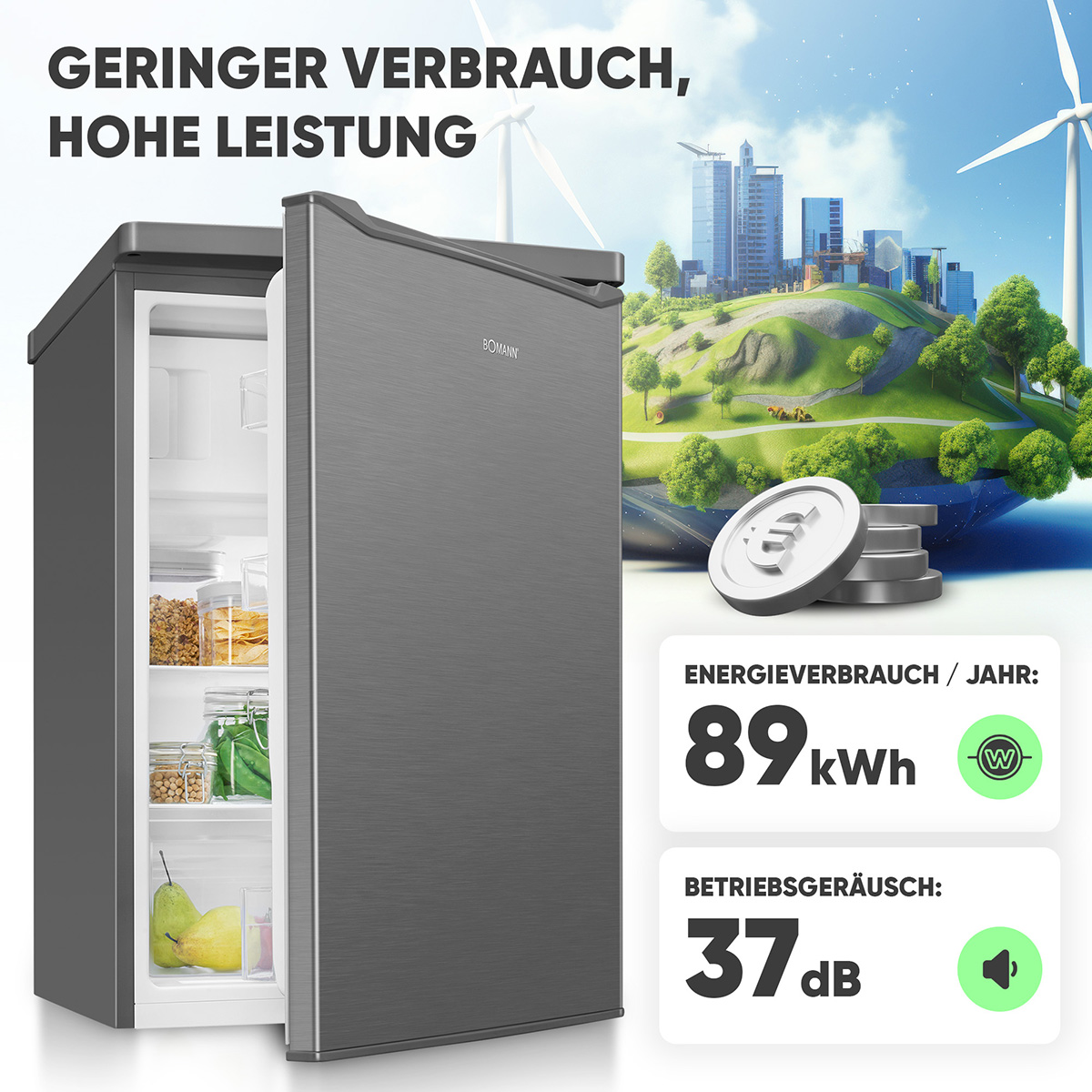 Grauer Mini-Kühlschrank mit offener Tür, Innenraum zeigend. Grafik: Geringer Verbrauch, hohe Leistung.