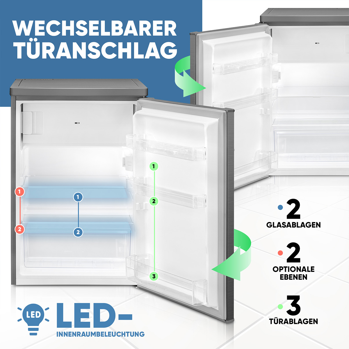 Kleiner grauer Kühlschrank mit offener Tür, der Regale zeigt. Text erklärt Türrichtungsänderung, Regale und LED-Licht.