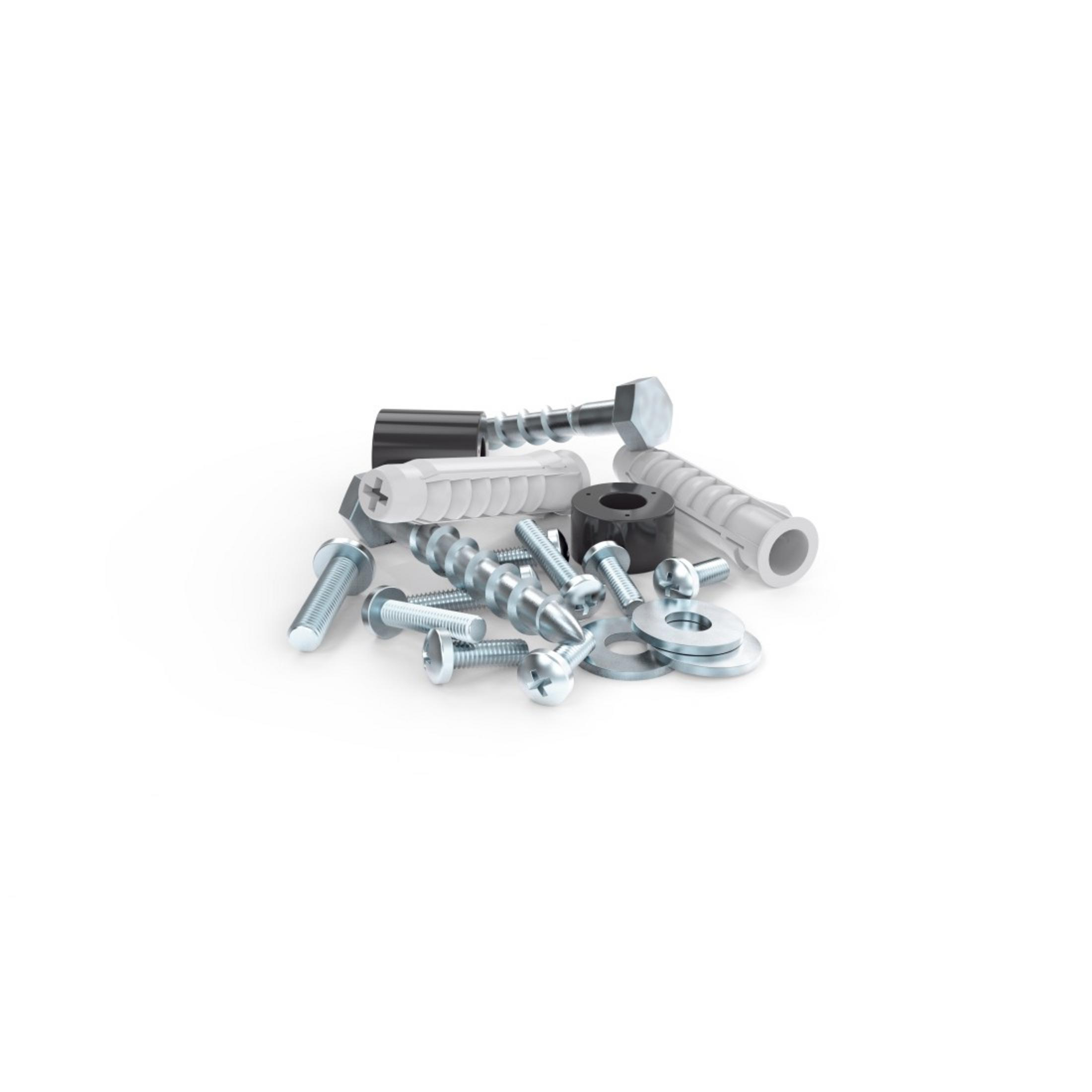 Asortyment śrub, śrub i plastikowych kołków rozporowych, rozrzuconych na białym tle.