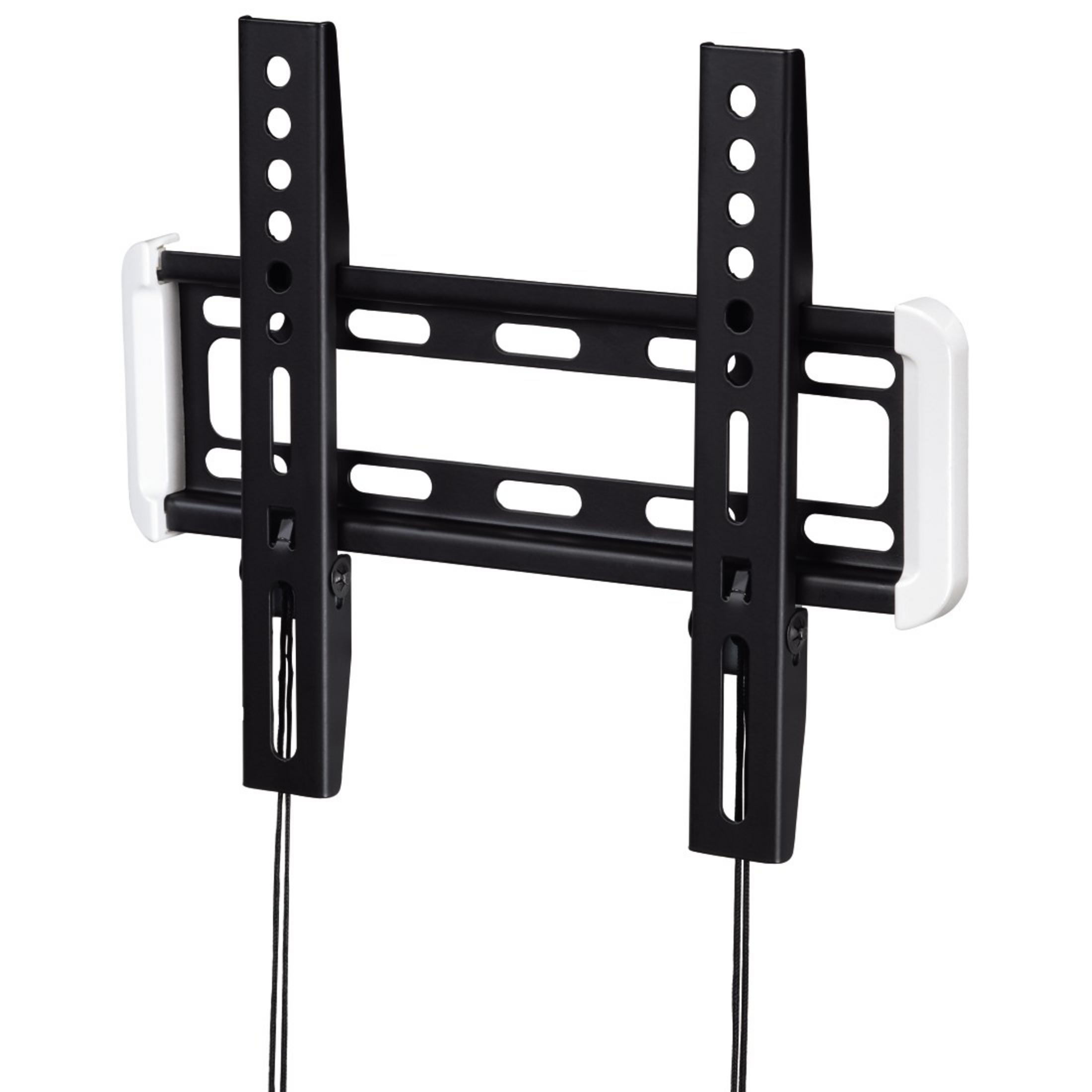Un support TV noir et blanc avec deux supports verticaux et des câbles.