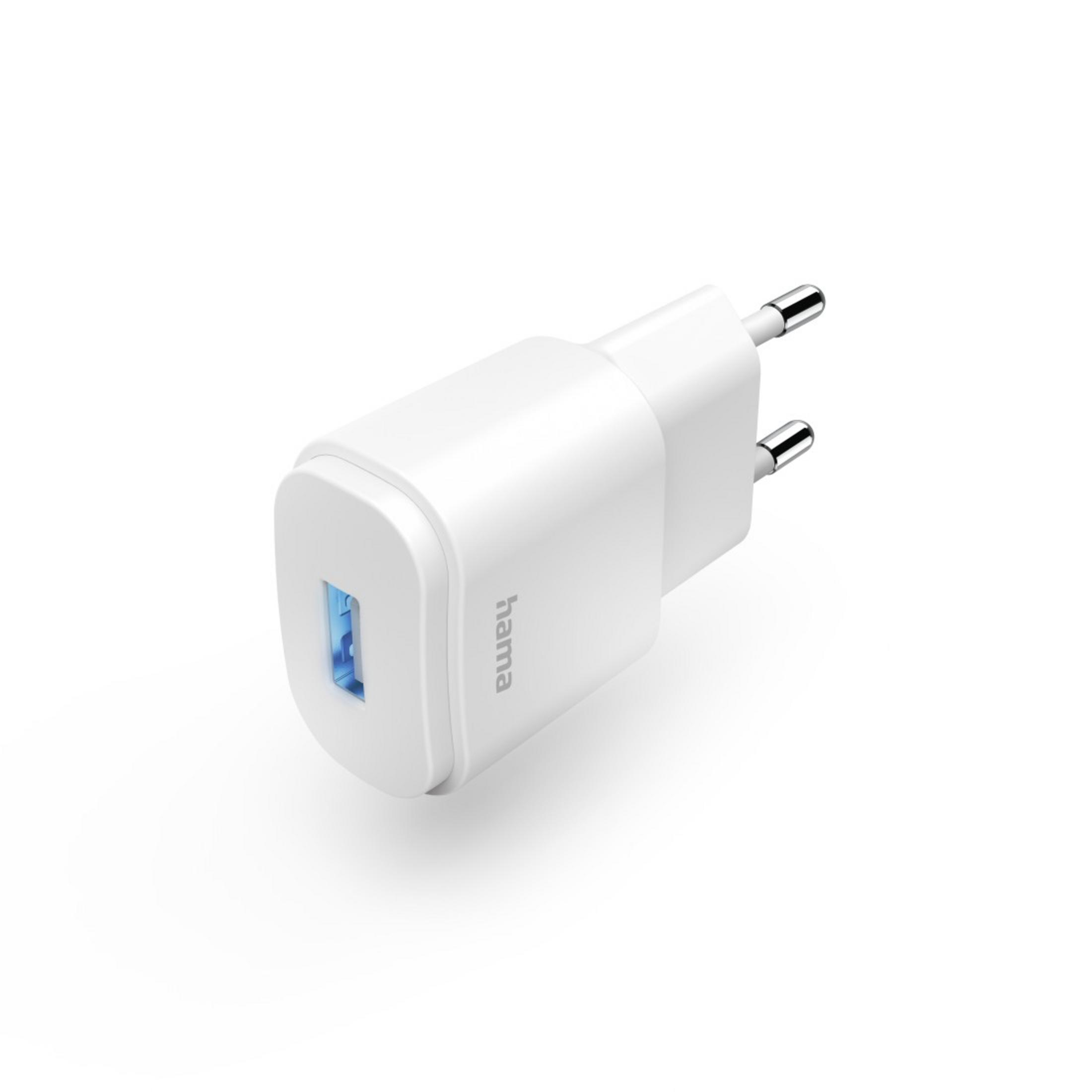 Un caricatore USB Hama bianco con porta USB blu e spinotti.