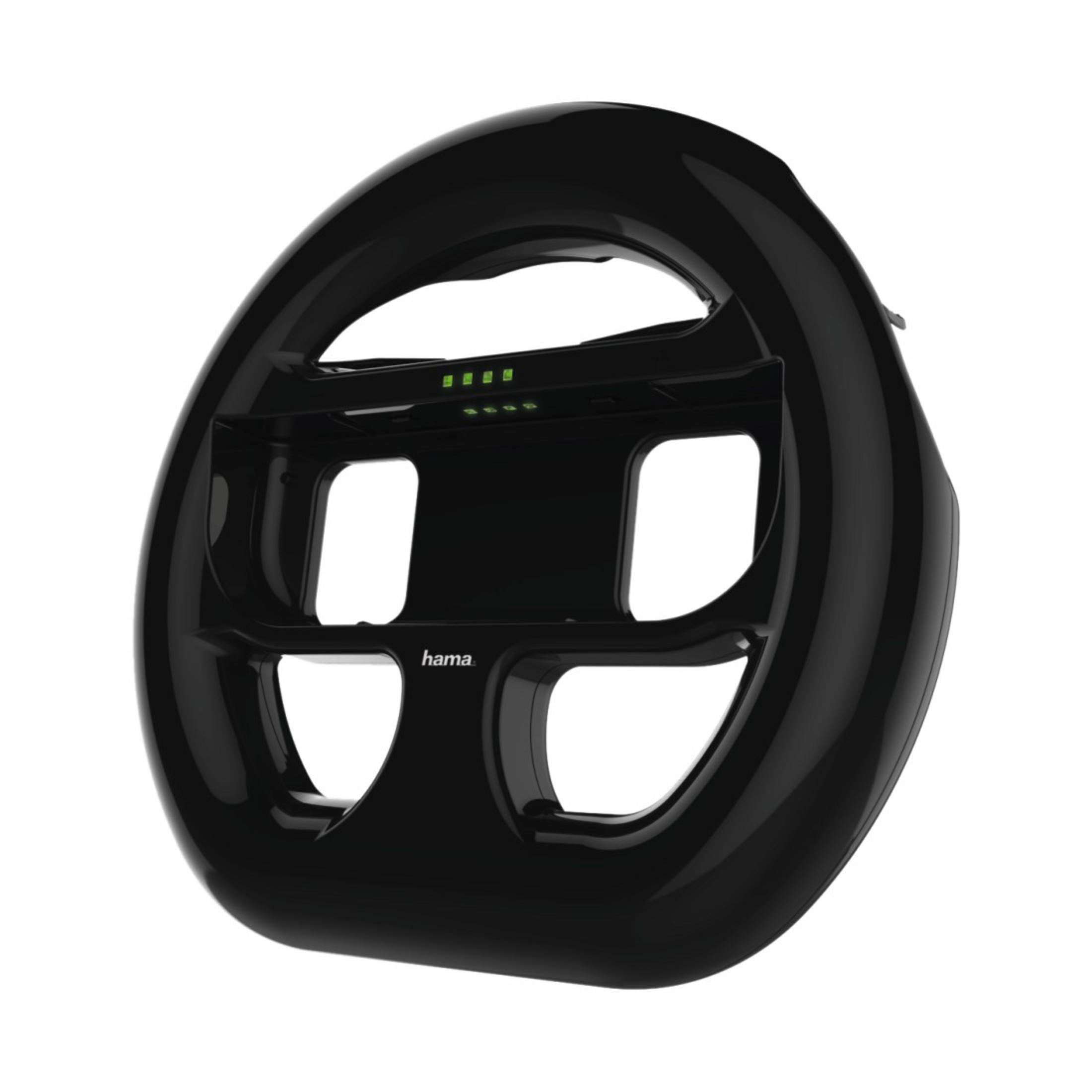 Volante nero, con slot per un dispositivo mobile. Sfondo bianco.
