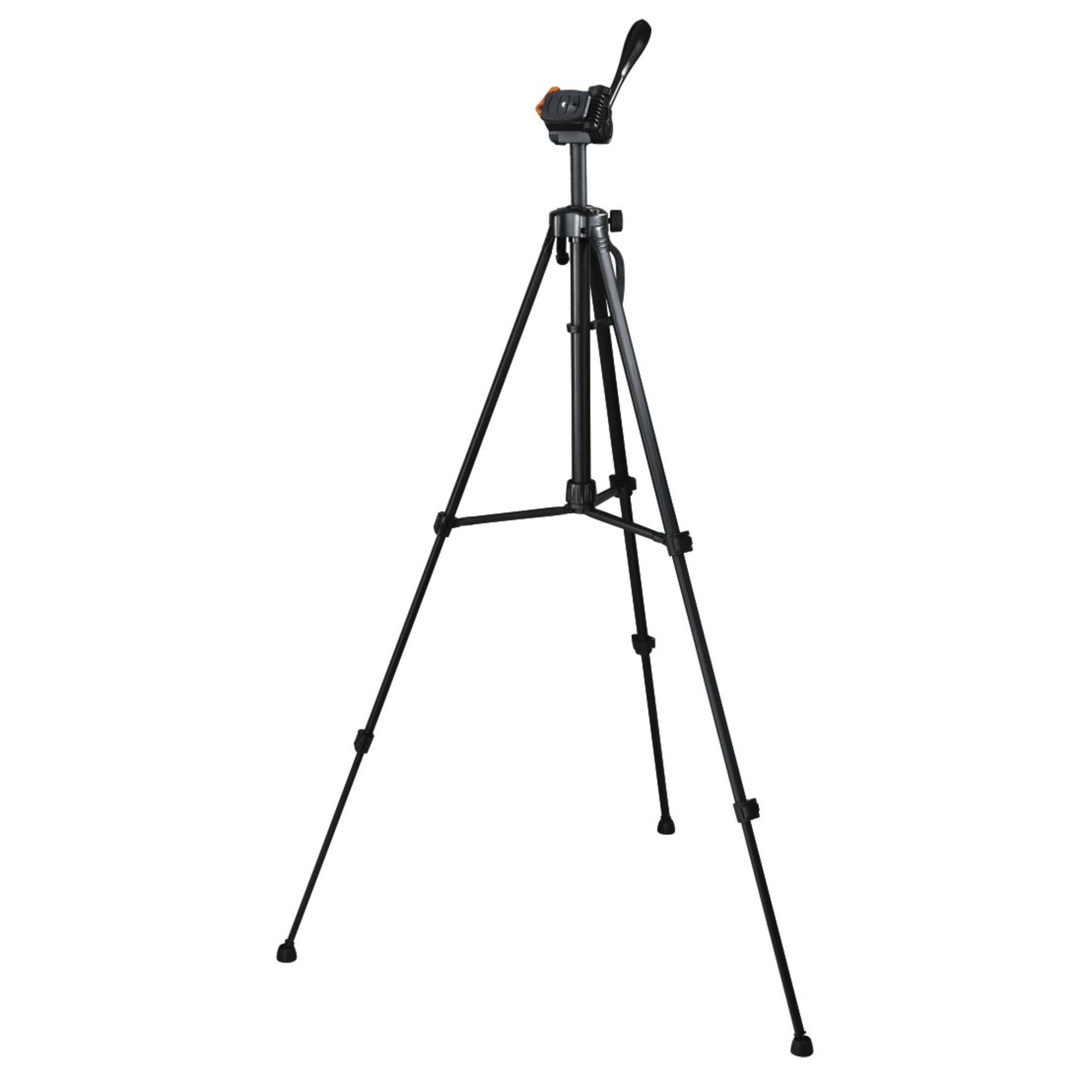 Un treppiede nero con un supporto per fotocamera.