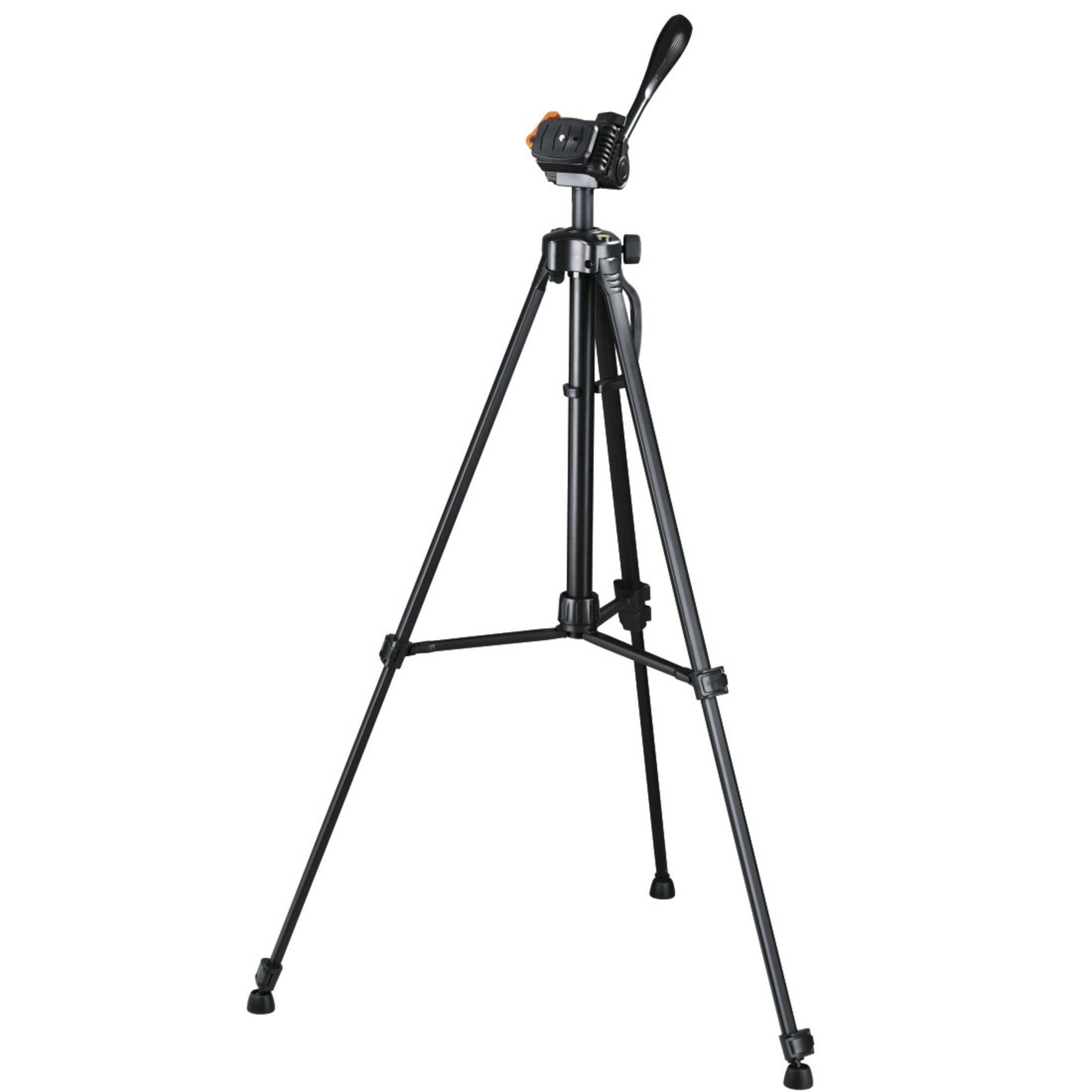 Treppiede nero con supporto per fotocamera arancione, su sfondo bianco.