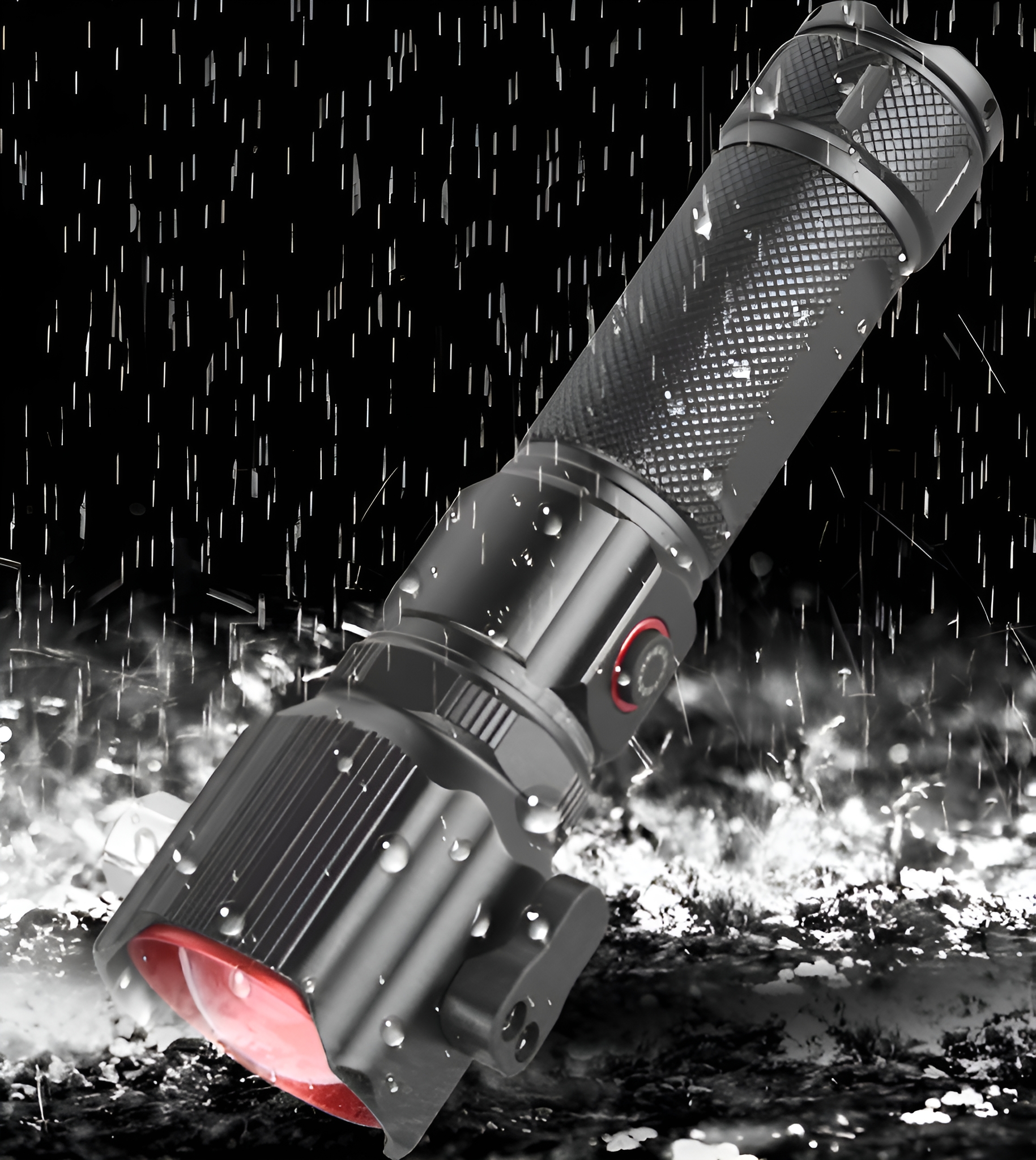 Schwarze Taschenlampe mit roter Linse und Regeneffekt im Hintergrund. Wassertropfen auf der Oberfläche.