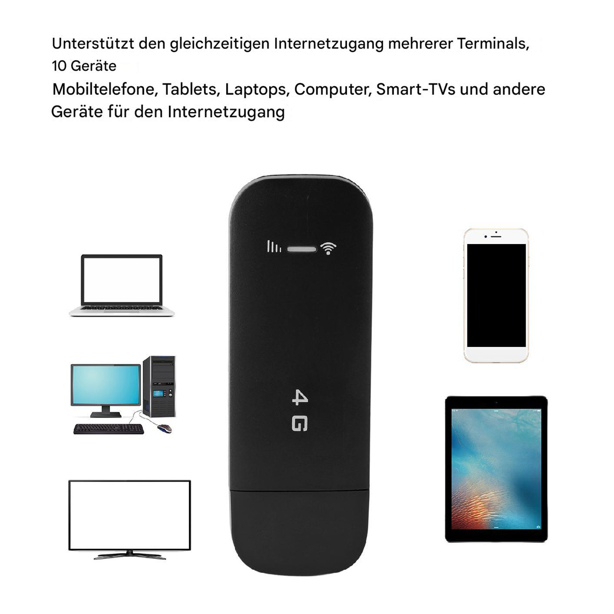Ein schwarzer 4G-Router mit Symbolen verschiedener Geräte, darunter Laptop und Smartphone.