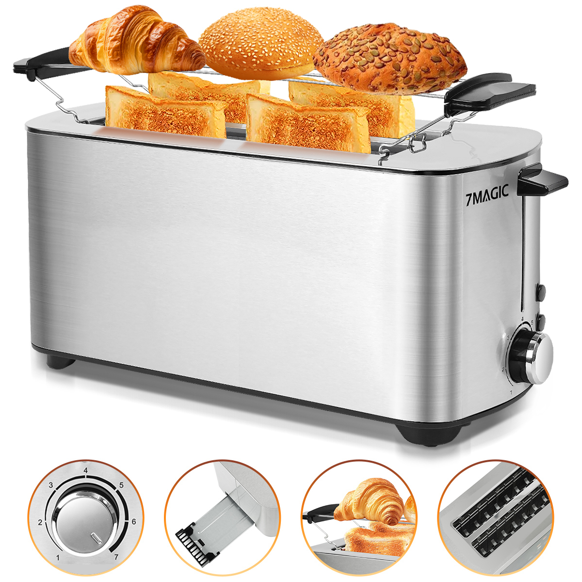 Ein silberner Toaster mit geröstetem Brot, Croissants und Brötchen oben drauf.