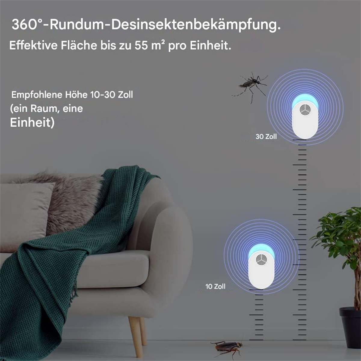 Zwei Insektenabwehrmittel, eine Couch und eine Pflanze. Die Abwehrmittel strahlen blaues Licht aus, mit einem Lineal.