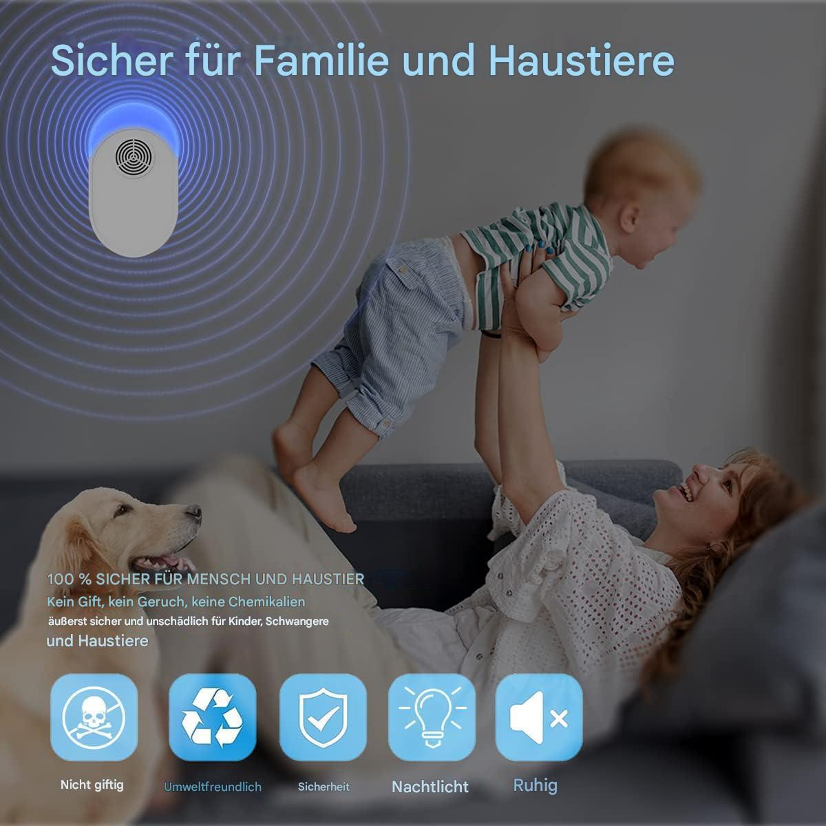 Eine Mutter hält ein Baby in die Luft, ein Hund in der Nähe. Ein kleines Gerät strahlt blaues Licht aus, Text auf Deutsch.