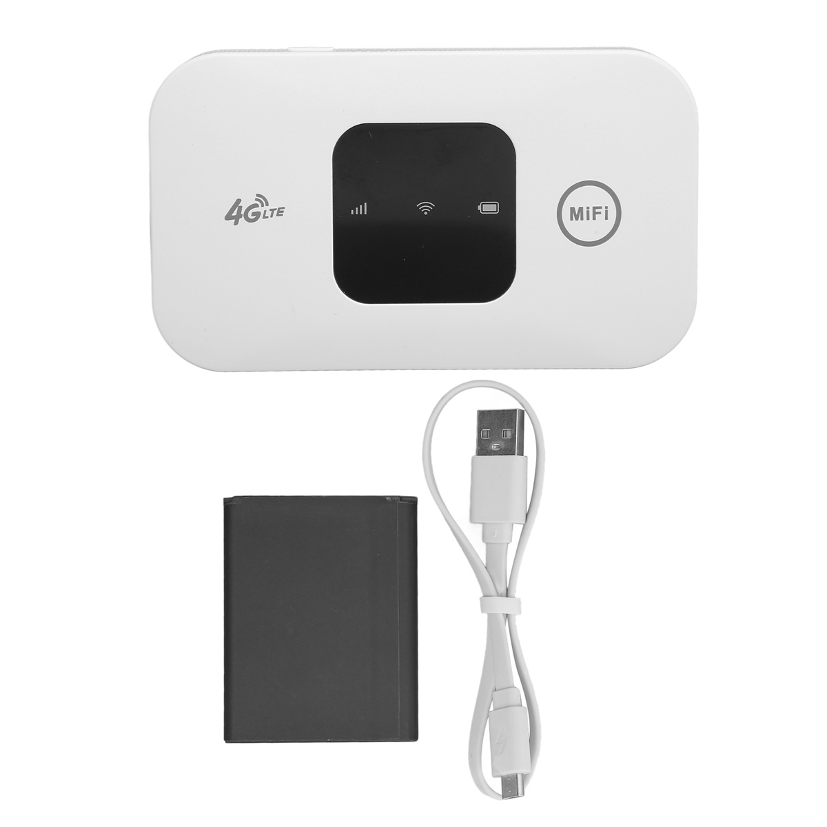 Ein weißes und schwarzes tragbares WLAN-Gerät mit Akku und Ladekabel.