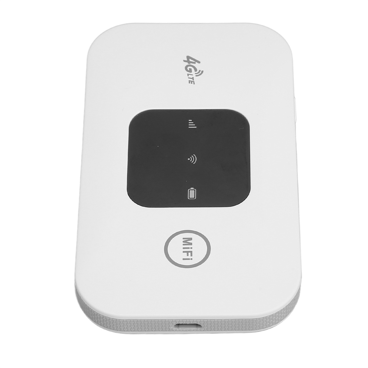 Ein weißes mobiles Modem mit schwarzem Bildschirm, der Signal- und Akkusymbole anzeigt.