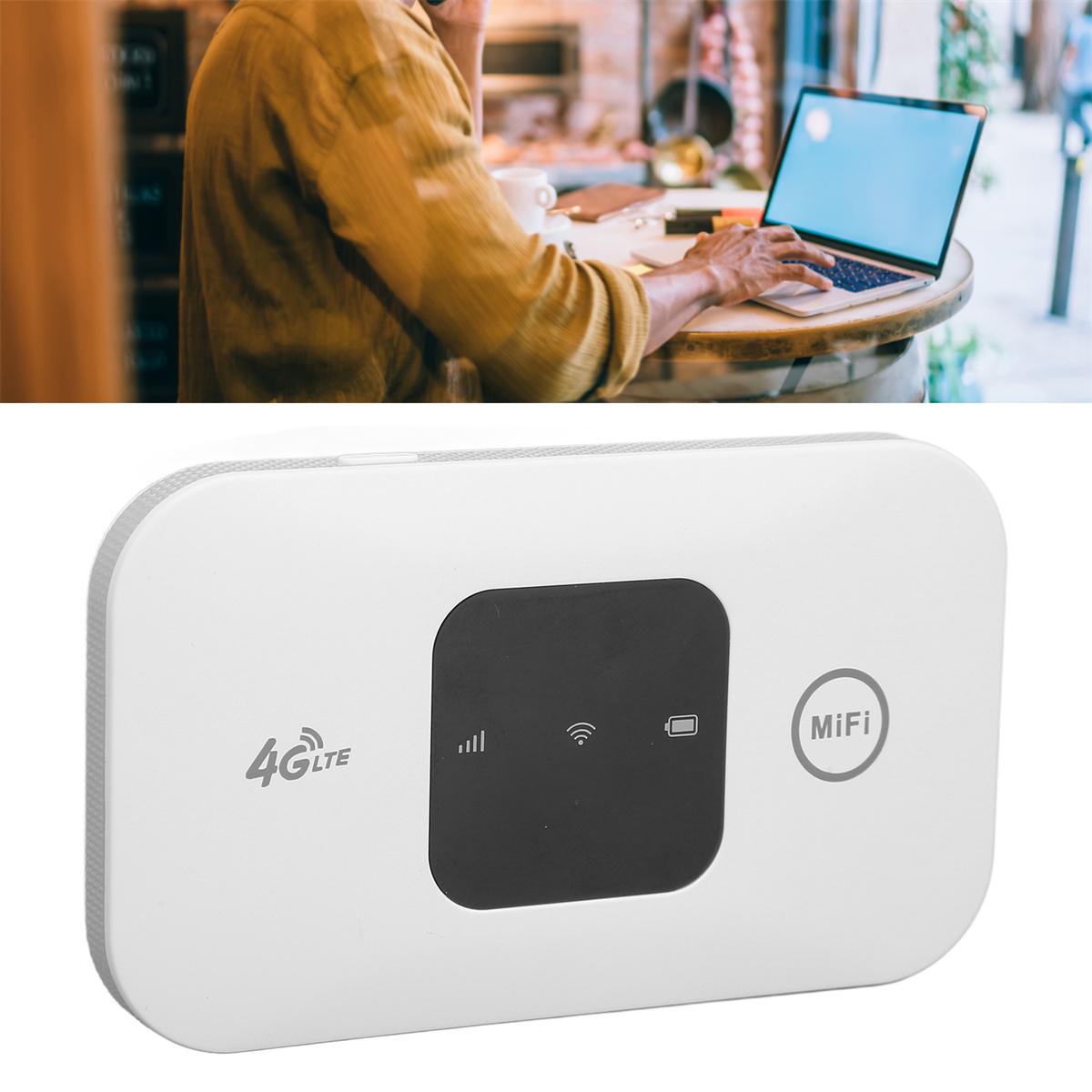 Mann, der in einem Café einen Laptop benutzt. Ein weißes MiFi-Gerät wird im Vordergrund gezeigt, mit 4G LTE- und MiFi-Etiketten.
