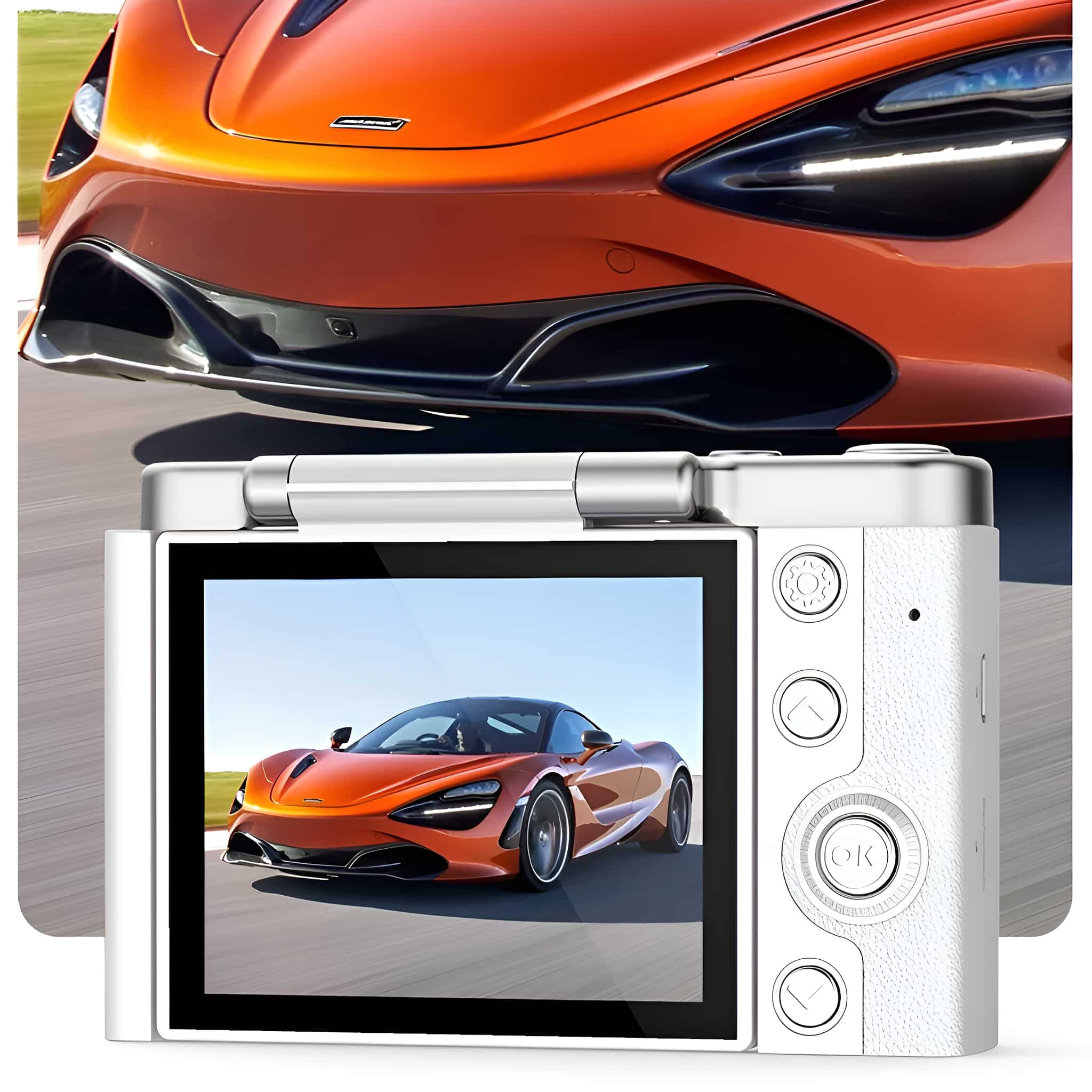 Eine Digitalkamera zeigt ein orangefarbenes Auto auf ihrem Bildschirm, mit einer Teilansicht desselben Autos darüber.