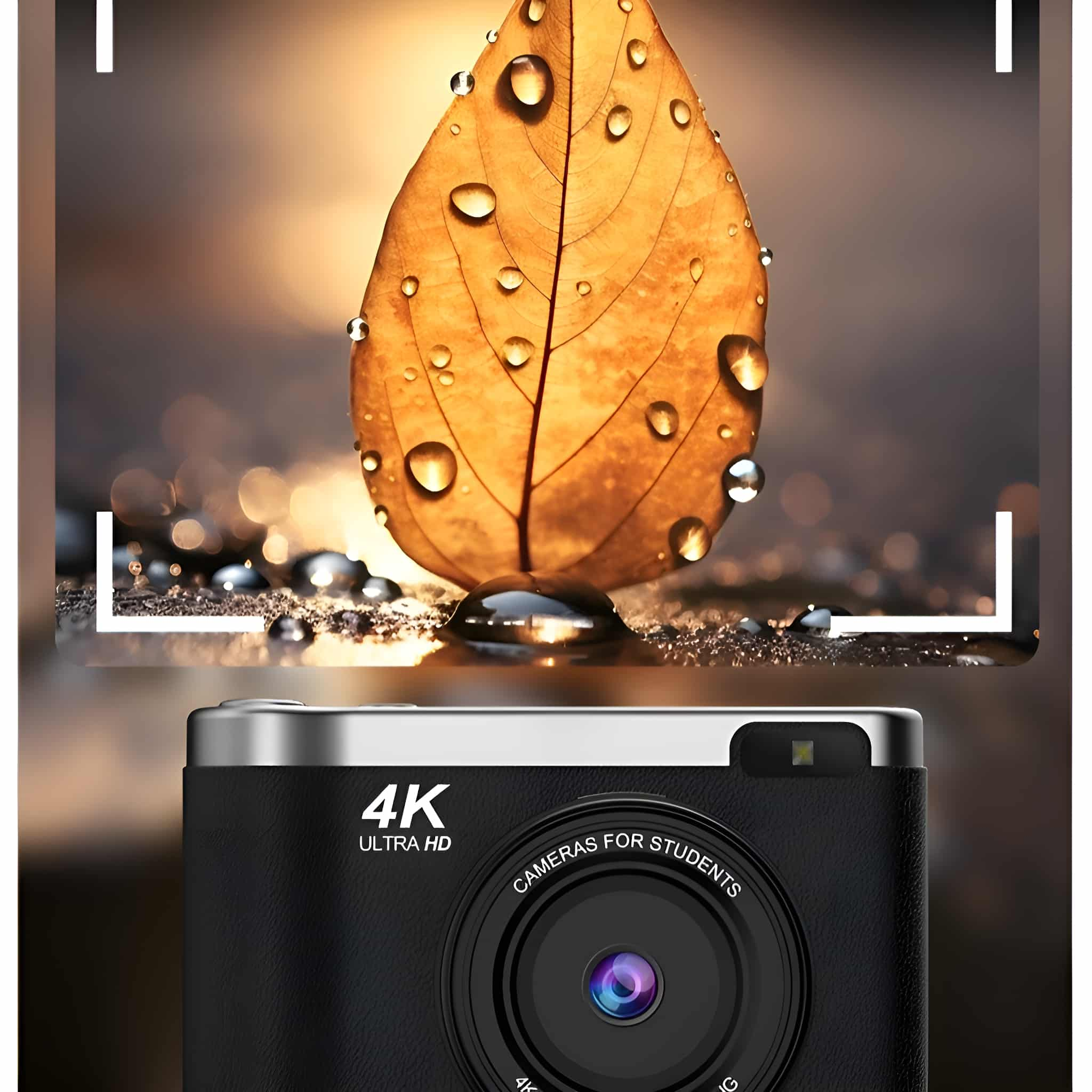 Schwarze 4K-Kamera mit einem Blatt auf unscharfem Hintergrund. Das Blatt hat Wassertropfen.