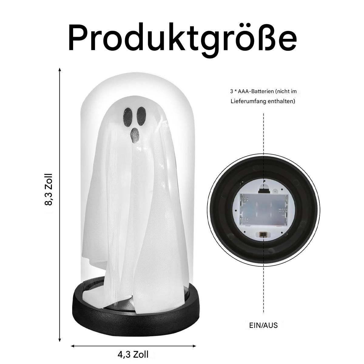 Ein weißer Geist in einer Glaskuppel mit Maßen und Text.