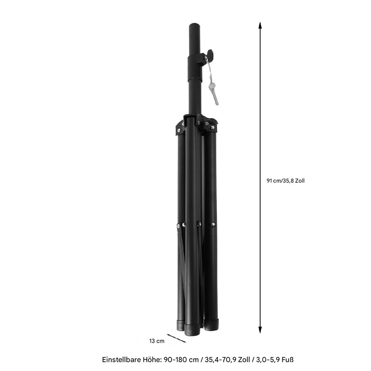 Schwarzes Stativ-Lautsprecherstativ mit Schlüssel, Maße 91 cm hoch, 13 cm Basis.