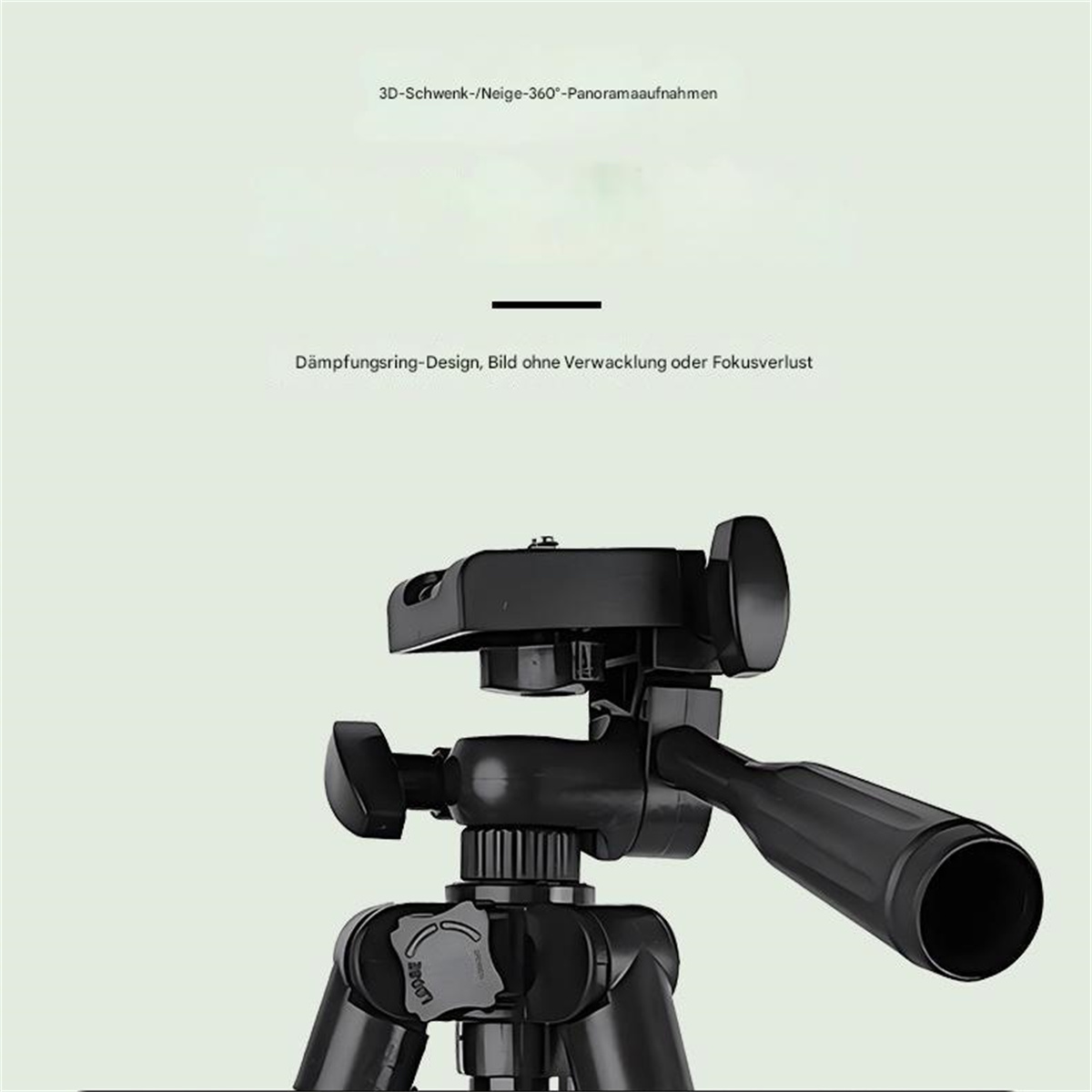 Ein schwarzes Stativ mit einem Bedienknopf, vor weichem grünem Hintergrund, mit Textüberlagerung.
