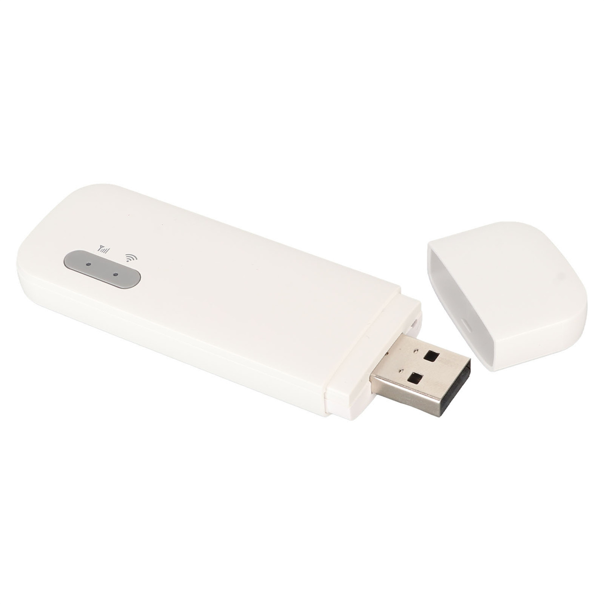 Weißes USB-Modem mit abgenommener Kappe. Der USB-Anschluss ist sichtbar. Weißer Hintergrund.