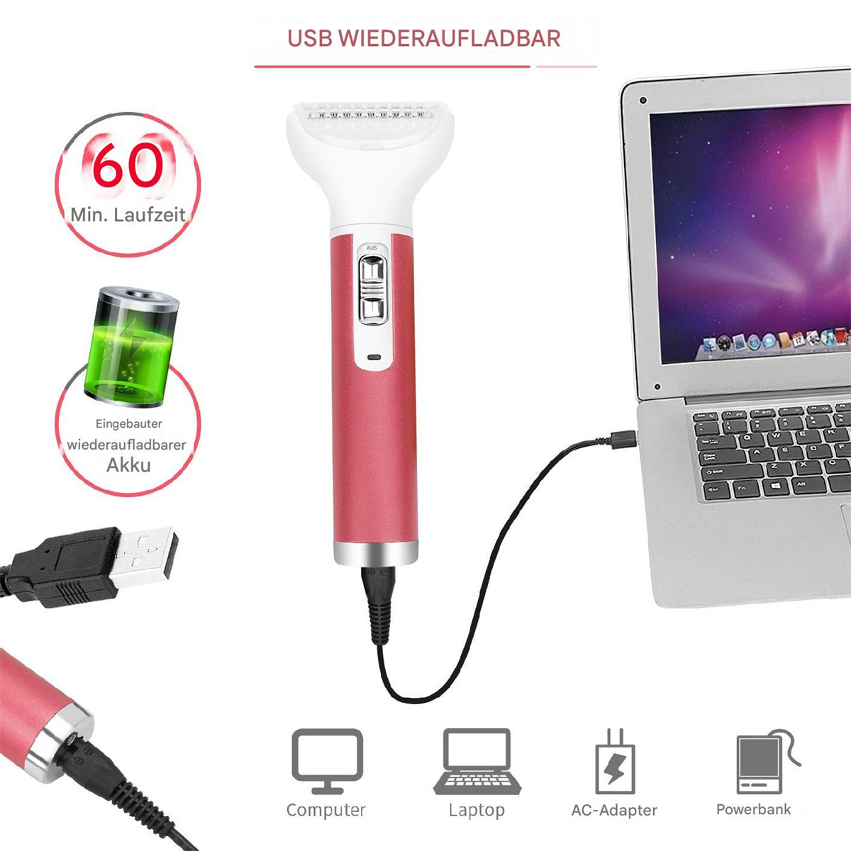 Wiederaufladbarer Elektrorasierer mit USB-Ladegerät, Laptop und Powerbank.