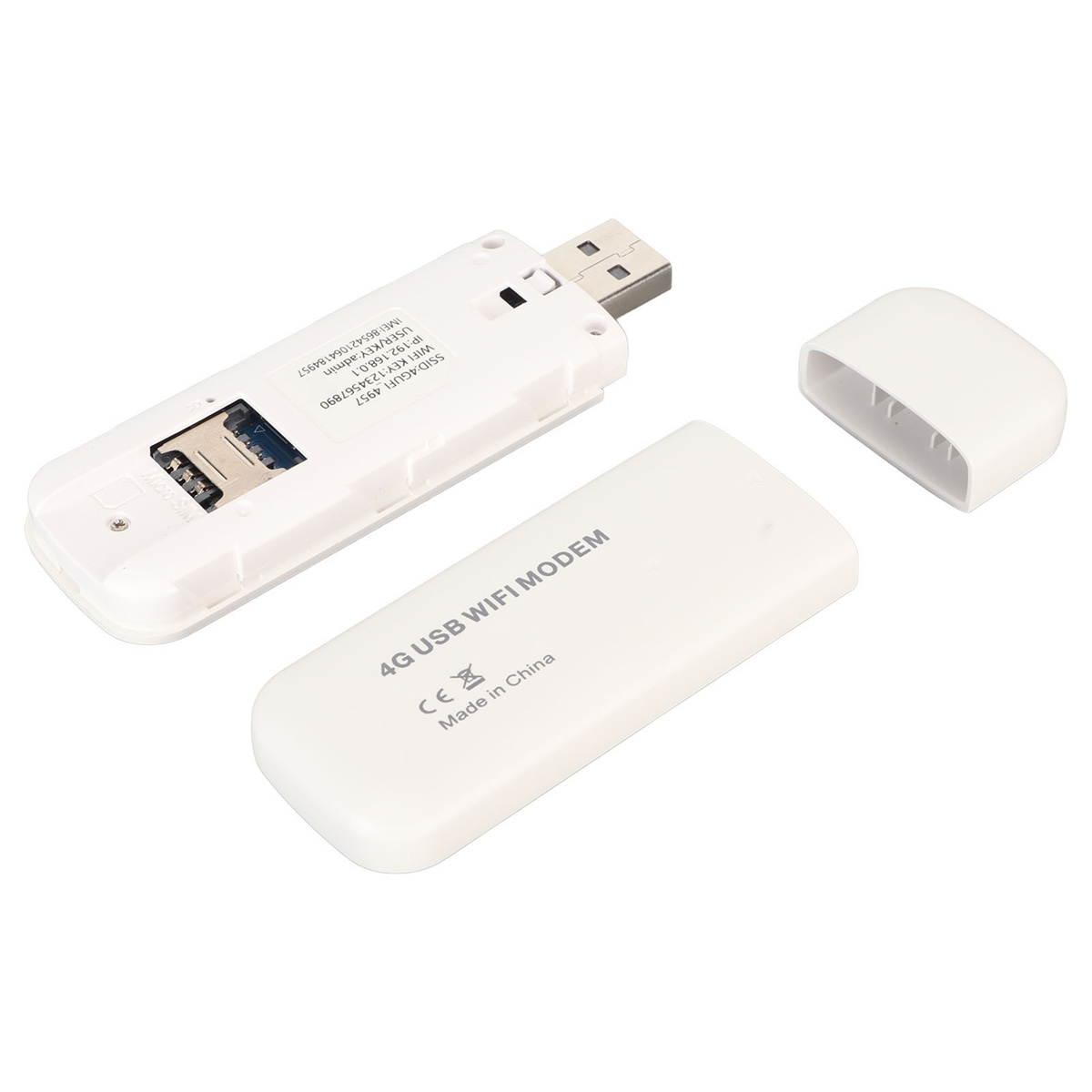 Weißes 4G USB-WLAN-Modem mit SIM-Kartensteckplatz, offen. Deckel ist abgenommen. Hergestellt in China.