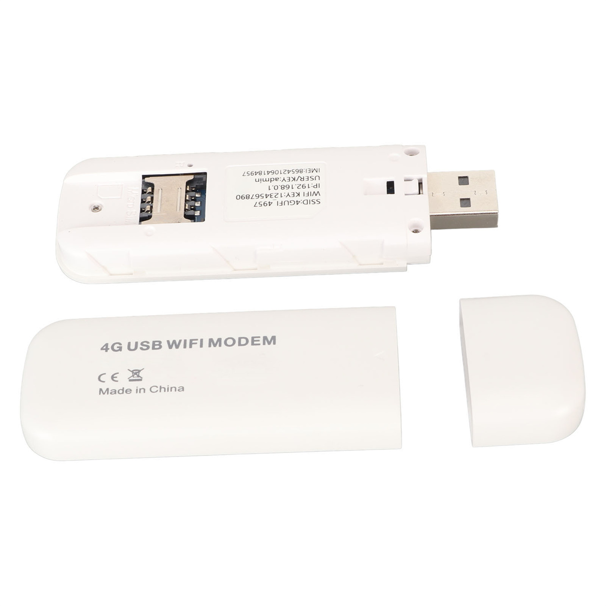 Weißer 4G USB WiFi-Modem mit USB-Anschluss und SIM-Kartensteckplatz. Weißer Hintergrund.