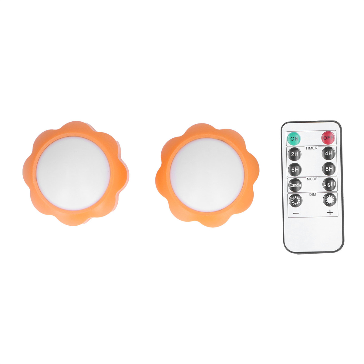 Zwei orangefarbene, blütenförmige Lichter und eine Fernbedienung mit Knöpfen auf weißem Hintergrund.