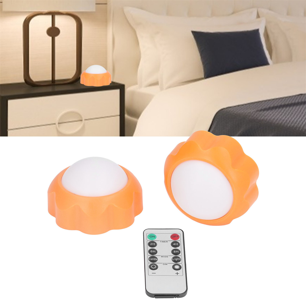Zwei orangefarbene Nachttischlampen und eine Fernbedienung sind in einer Szene mit einem Bett und einem Nachttisch angeordnet.