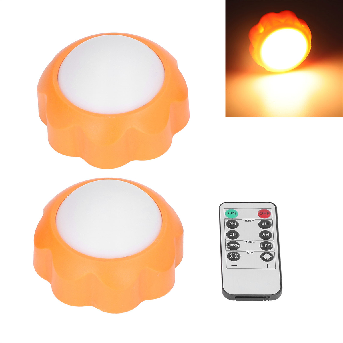 Zwei orangefarbene LED-Leuchten und eine Fernbedienung. Die Leuchten haben eine weiße Oberseite.