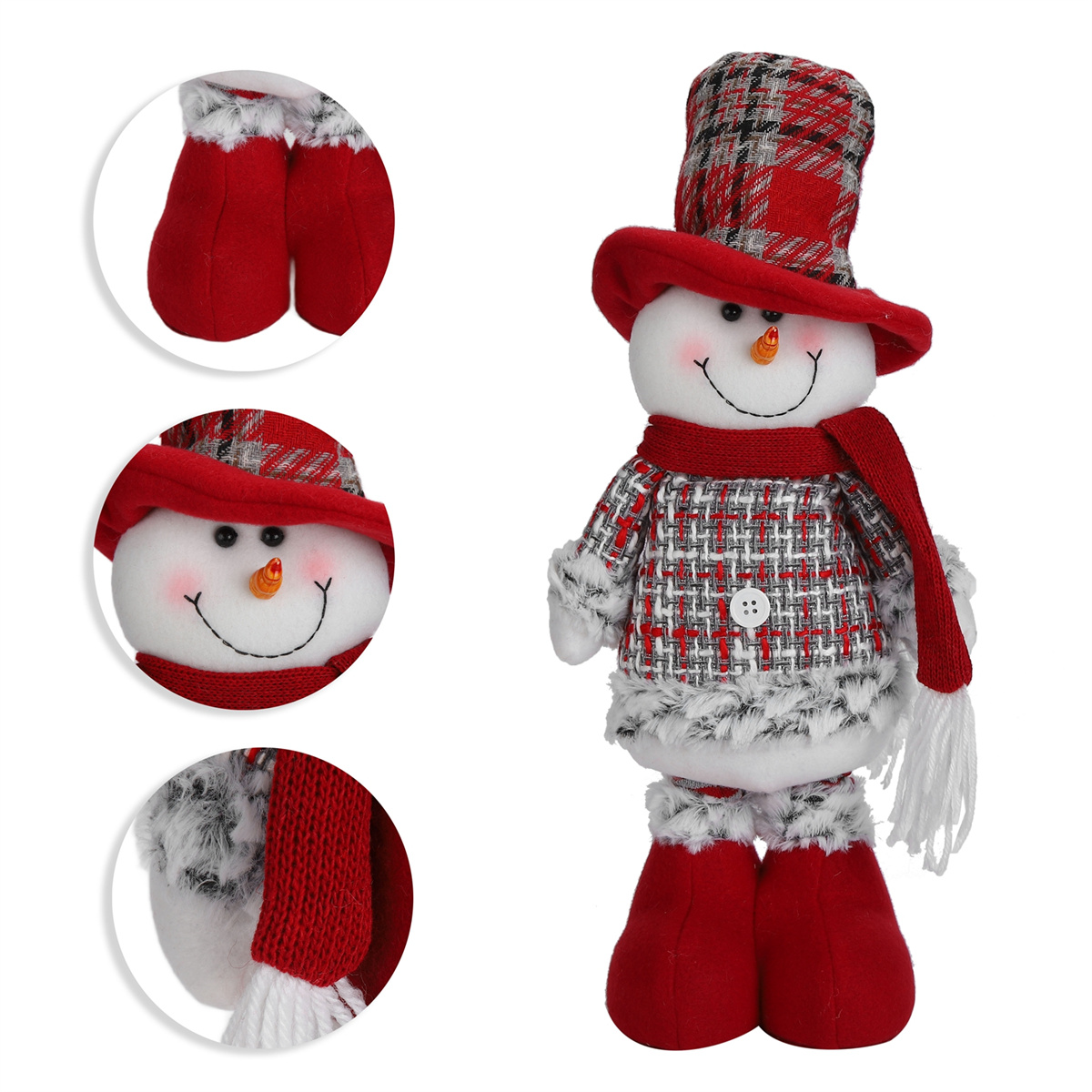 Eine Schneemannfigur. Er hat einen roten Hut, Schal, Fäustlinge, Stiefel. Detaillierte Nahaufnahmen der Elemente sind gezeigt.