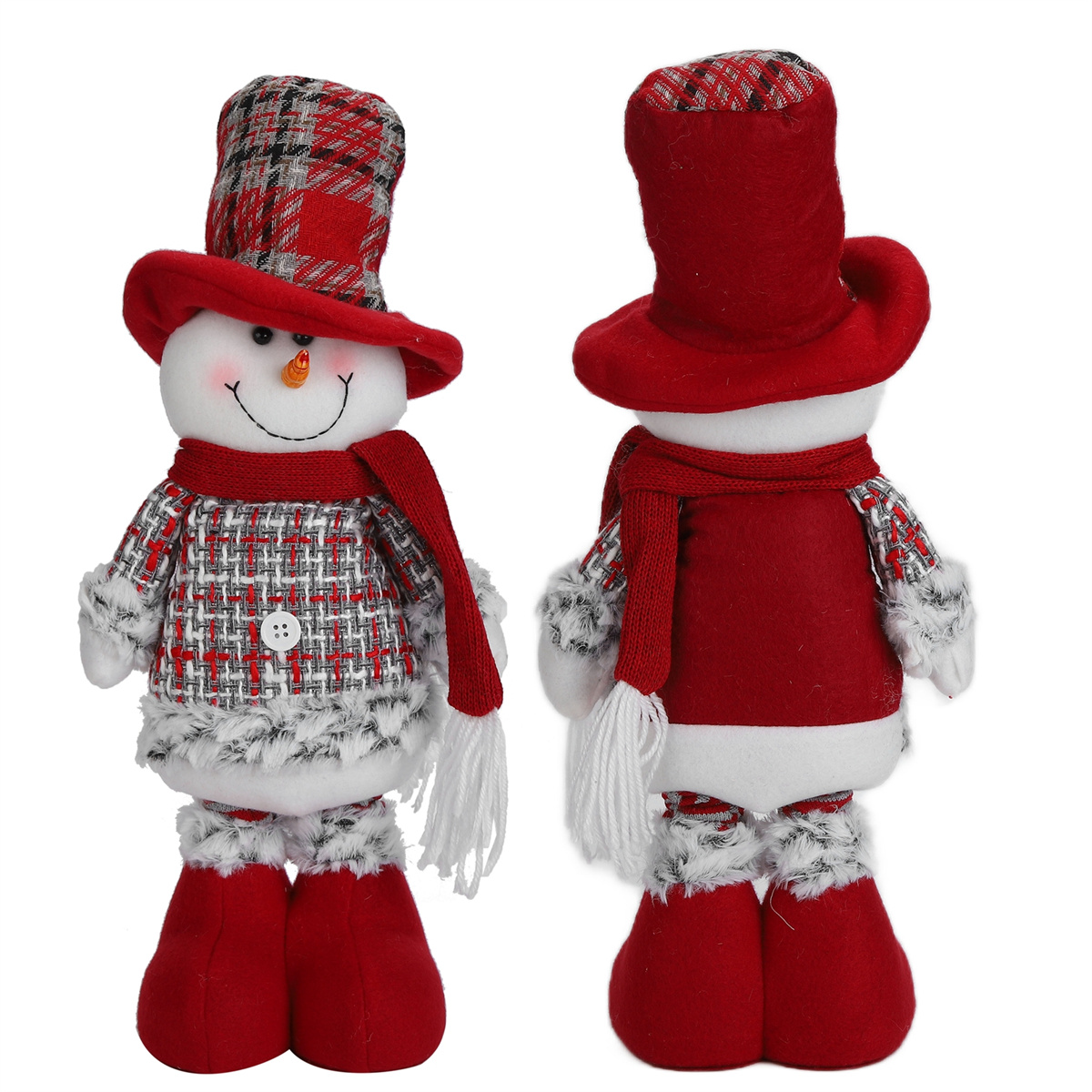 Zwei Schneemannfiguren, die Hüte, Schals und rote Stiefel tragen, stehen nebeneinander.