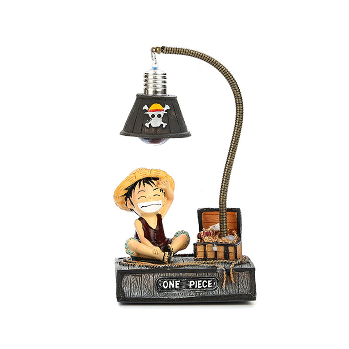 Eine One-Piece-Lampe mit einer Figur, einer Schatztruhe und einer leuchtenden Glühbirne.