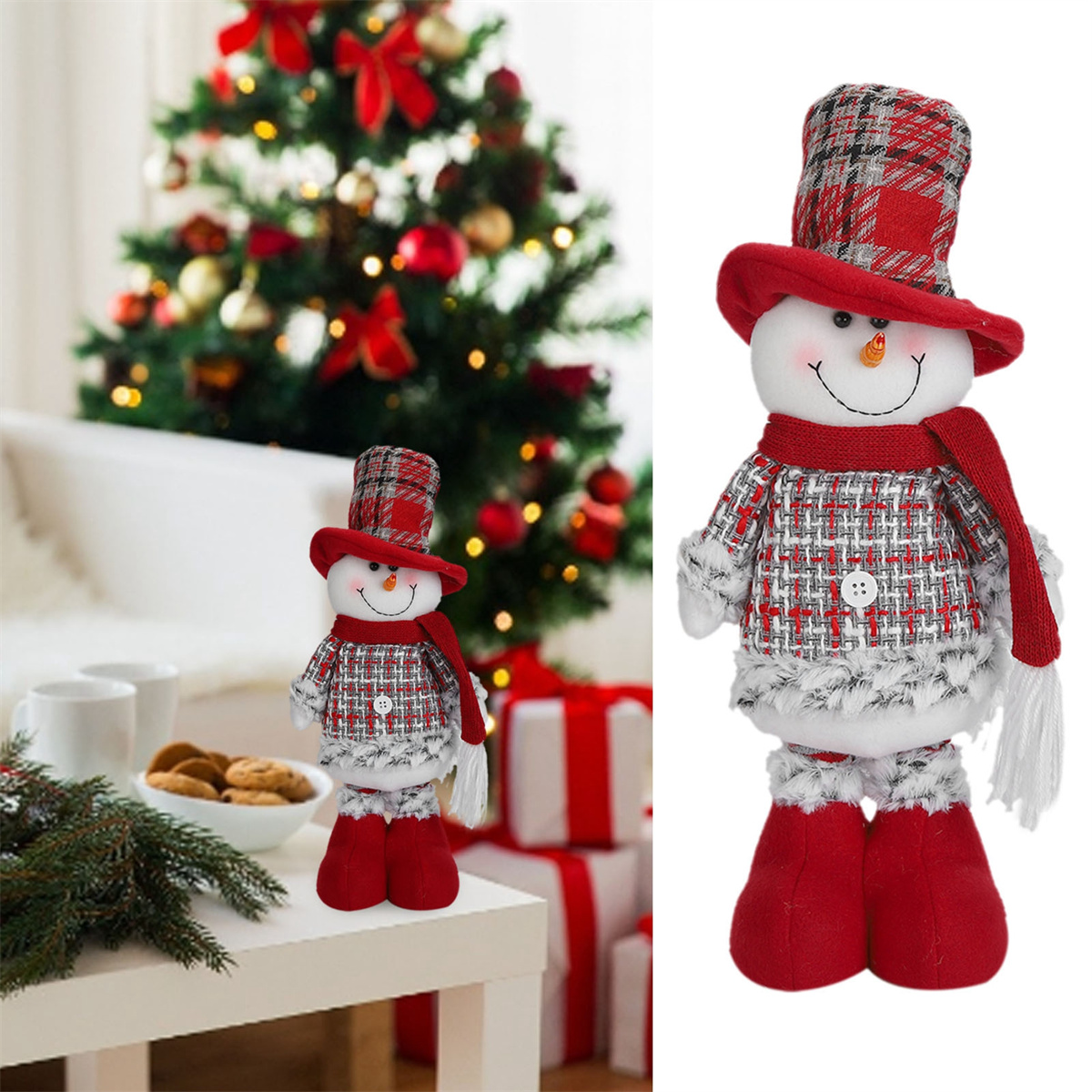 Eine Schneemann-Dekoration steht auf einem Tisch, im Hintergrund ein Weihnachtsbaum. Der Schneemann trägt einen roten Hut und Schal.