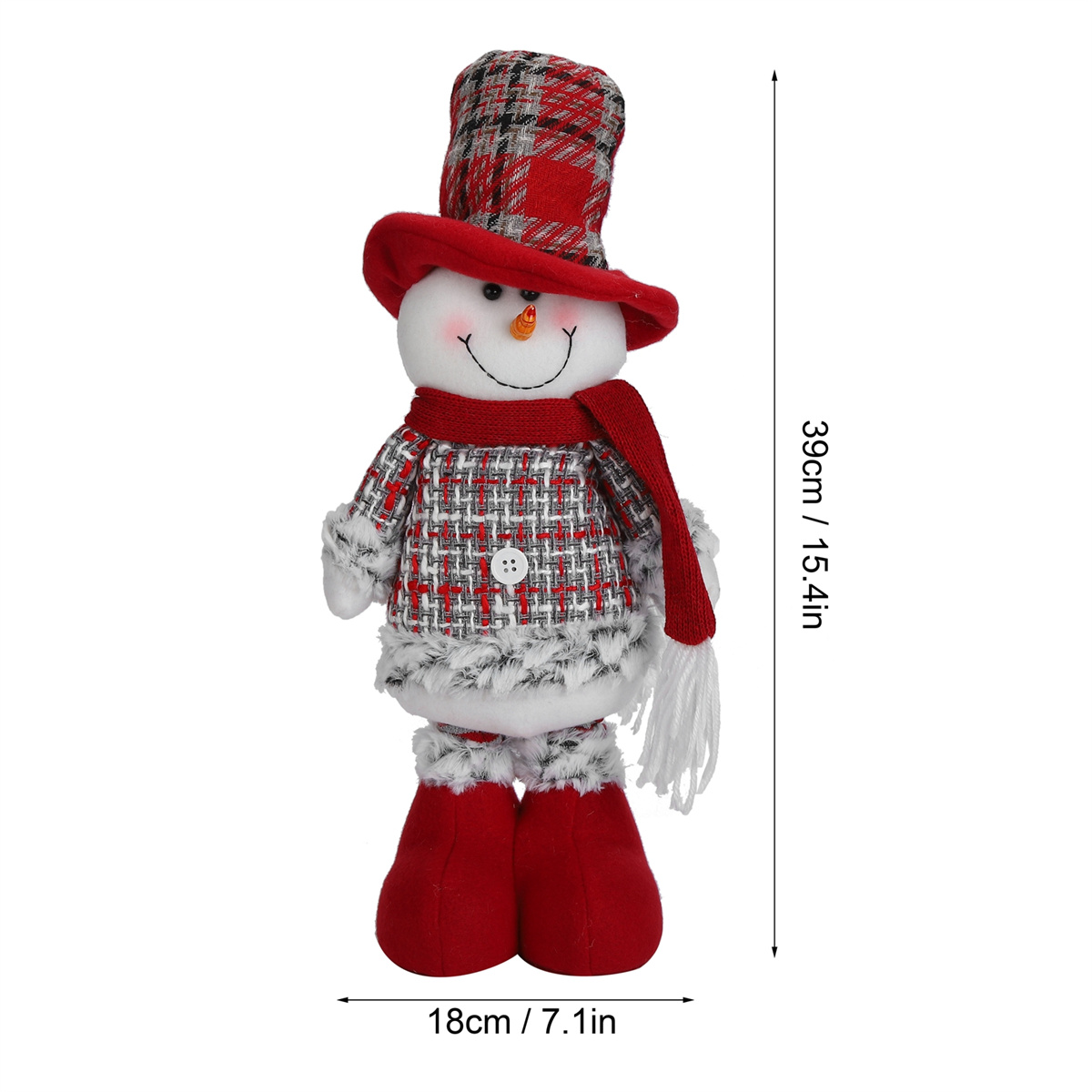 Eine Schneemann-Dekoration mit rotem Hut, Schal und Stiefeln. Er ist 39 cm groß und 18 cm breit.