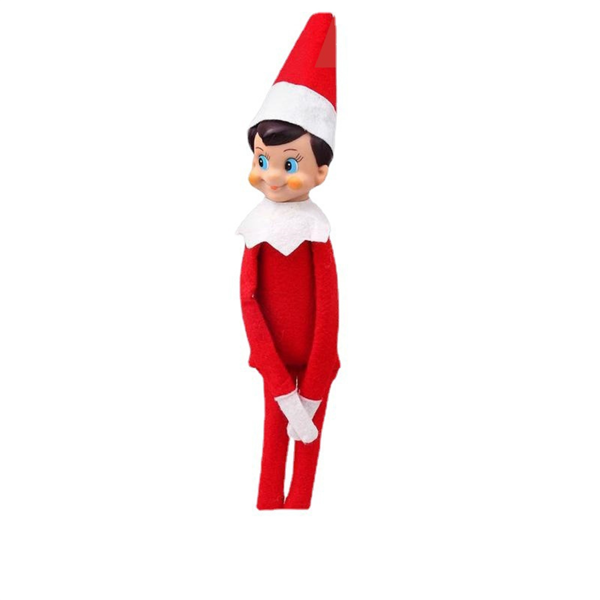 Eine kleine Elf on the Shelf-Puppe, die einen roten Anzug und Hut, weißen Kragen und Fäustlinge trägt.