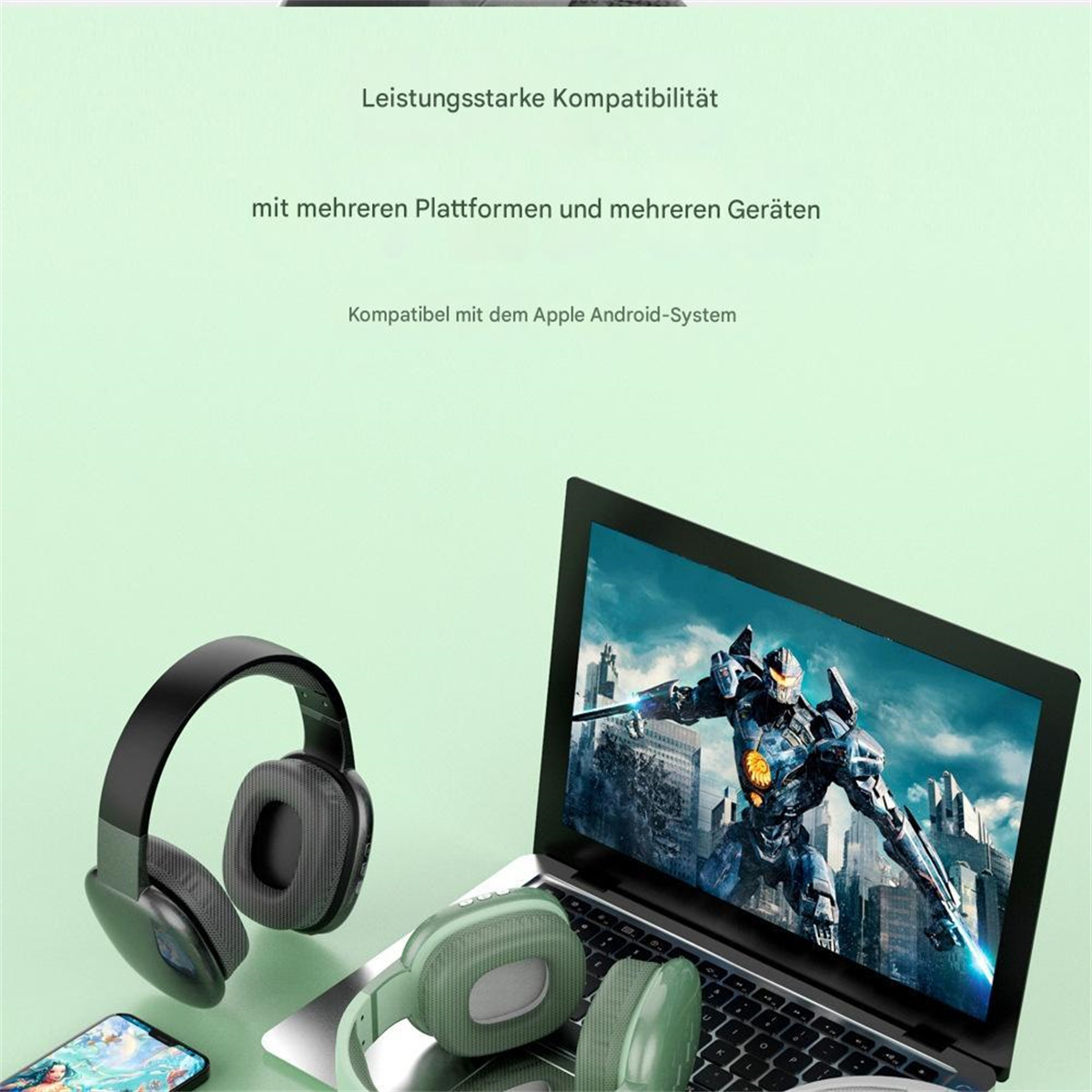 Laptop mit Kopfhörern, Telefon und Text über Kompatibilität.