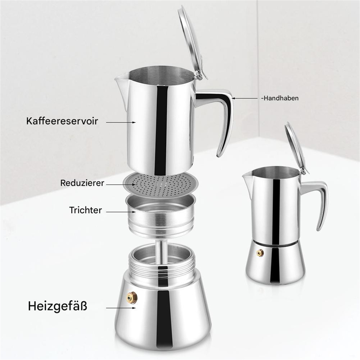 Moka-Kanne aus Edelstahl, zerlegt, mit Komponenten und Beschriftungen mit Pfeilen.