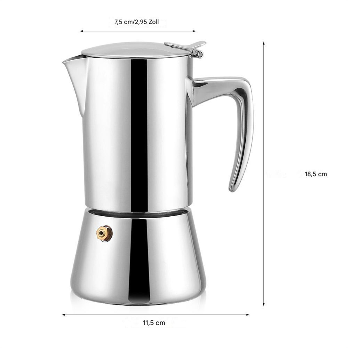 Ein silberner Espressokocher aus Edelstahl für den Herd. Das Bild zeigt die Abmessungen: 7,5 cm/2,95 Zoll, 11,5 cm und 18,5 cm.