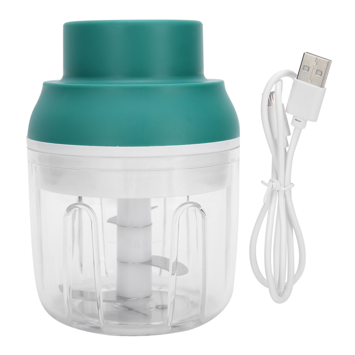 Ein grüner und weißer Mini-Zerkleinerer mit einem weißen USB-Kabel daneben.
