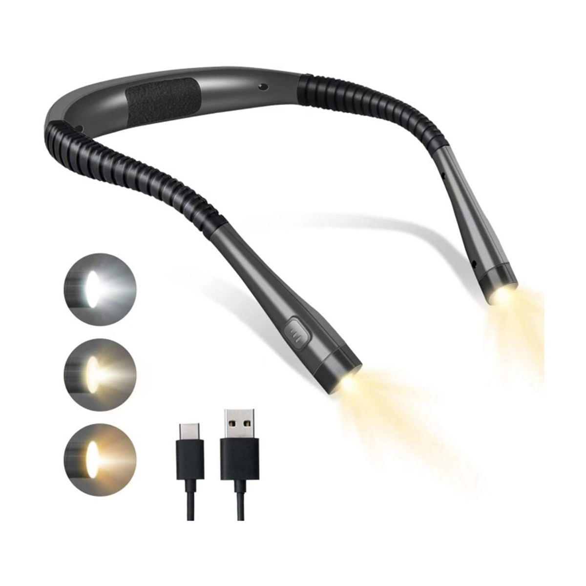 Nackenlicht: schwarzes, flexibles Design, drei Lichteinstellungen, USB-Ladekabel.
